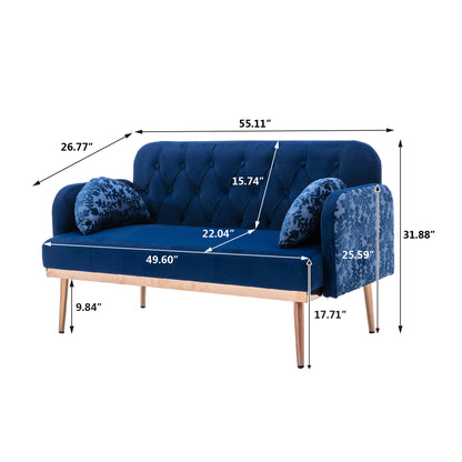 Modern Velvet Loveseat Sofa, Comfy Upholstered 2-Seater Sofa with Gold Metal Legs, Small Loveseat Accent Couch for Living Bedroom Leisure Areas