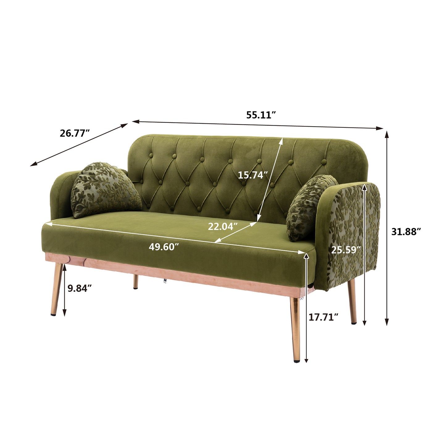 Modern Velvet Loveseat Sofa, Comfy Upholstered 2-Seater Sofa with Gold Metal Legs, Small Loveseat Accent Couch for Living Bedroom Leisure Areas