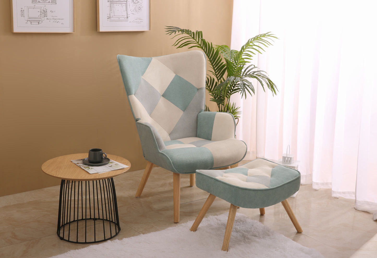 Accent Chair with Ottoman, Living Room Chair and Ottoman Set, Comfy Side Armchair for Bedroom, Creative Splicing Cloth Surface