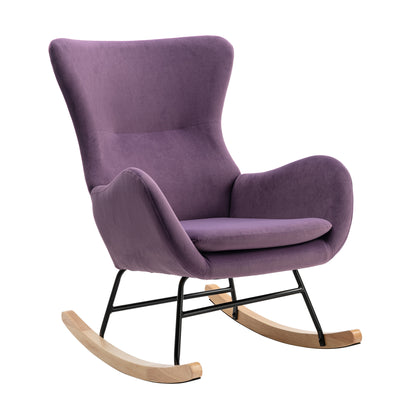 Velvet Fabric Padded Seat Rocking Chair With High Backrest And Armrests