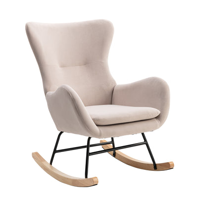 Velvet Fabric Padded Seat Rocking Chair With High Backrest And Armrests