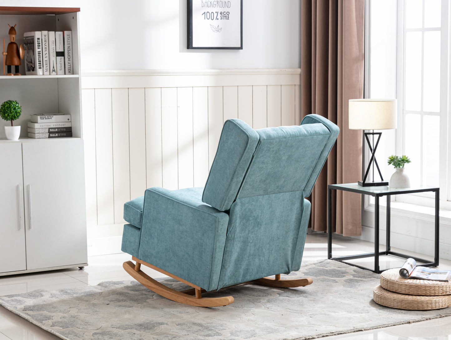 Rocking Chair Upholstered Mid Century Modern Rocker Oversized Armchair for Living Room with Solid Wood Base (Mint Green)