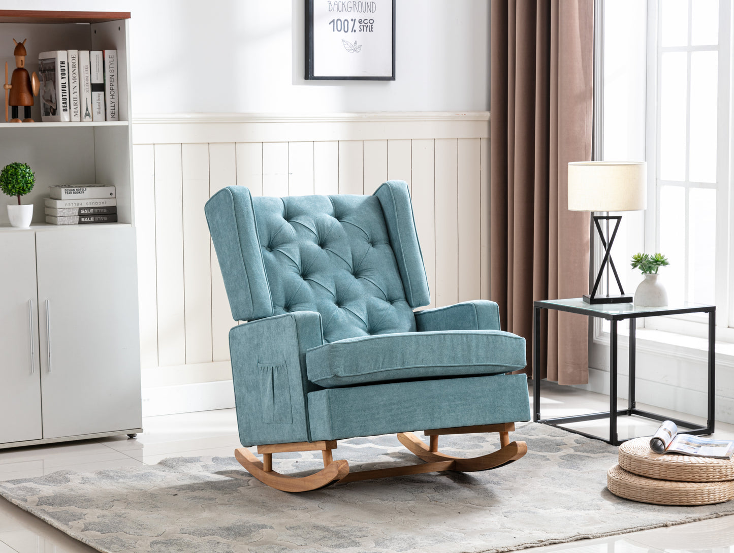 Rocking Chair Upholstered Mid Century Modern Rocker Oversized Armchair for Living Room with Solid Wood Base (Mint Green)