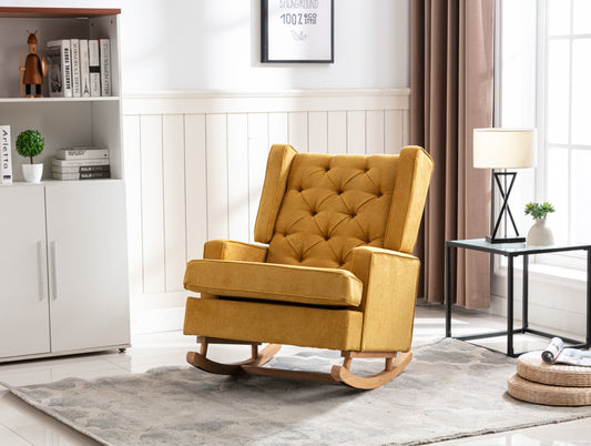 Rocking Chair Upholstered Mid Century Modern Rocker Oversized Armchair for Living Room with Solid Wood Base (Mustard)