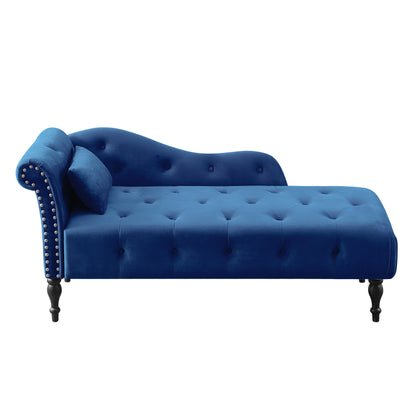 60.6" Velvet Chaise Lounge Buttons Tufted Nailhead Trimmed Solid Wood Legs with 1 Pillow,Blue (Left Arm Design as Shown in the Picture)