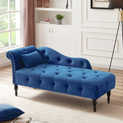 60.6" Velvet Chaise Lounge Buttons Tufted Nailhead Trimmed Solid Wood Legs with 1 Pillow,Blue (Left Arm Design as Shown in the Picture)