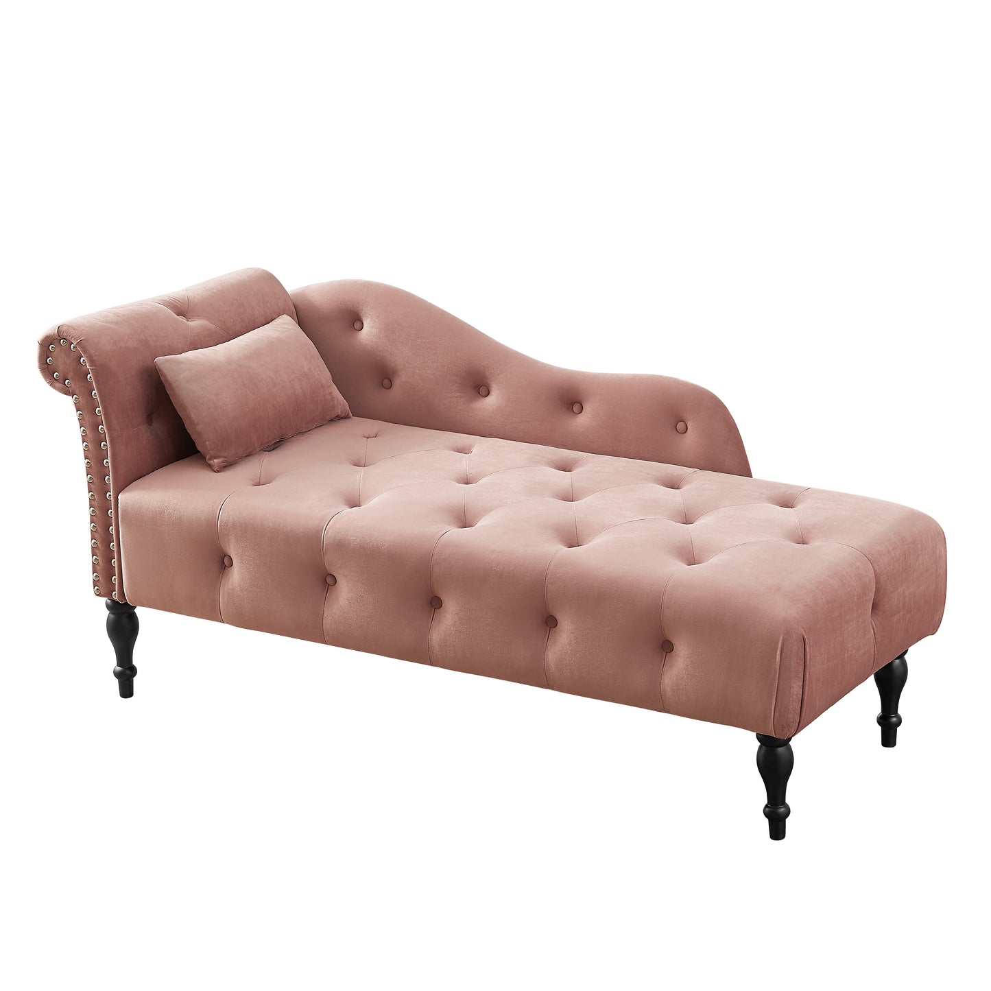 60.6" Velvet Chaise Lounge Buttons Tufted Nailhead Trimmed Solid Wood Legs with 1 Pillow,Rose (Left Arm Design as Shown in the Picture)