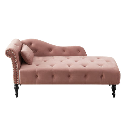 60.6" Velvet Chaise Lounge Buttons Tufted Nailhead Trimmed Solid Wood Legs with 1 Pillow,Rose (Left Arm Design as Shown in the Picture)