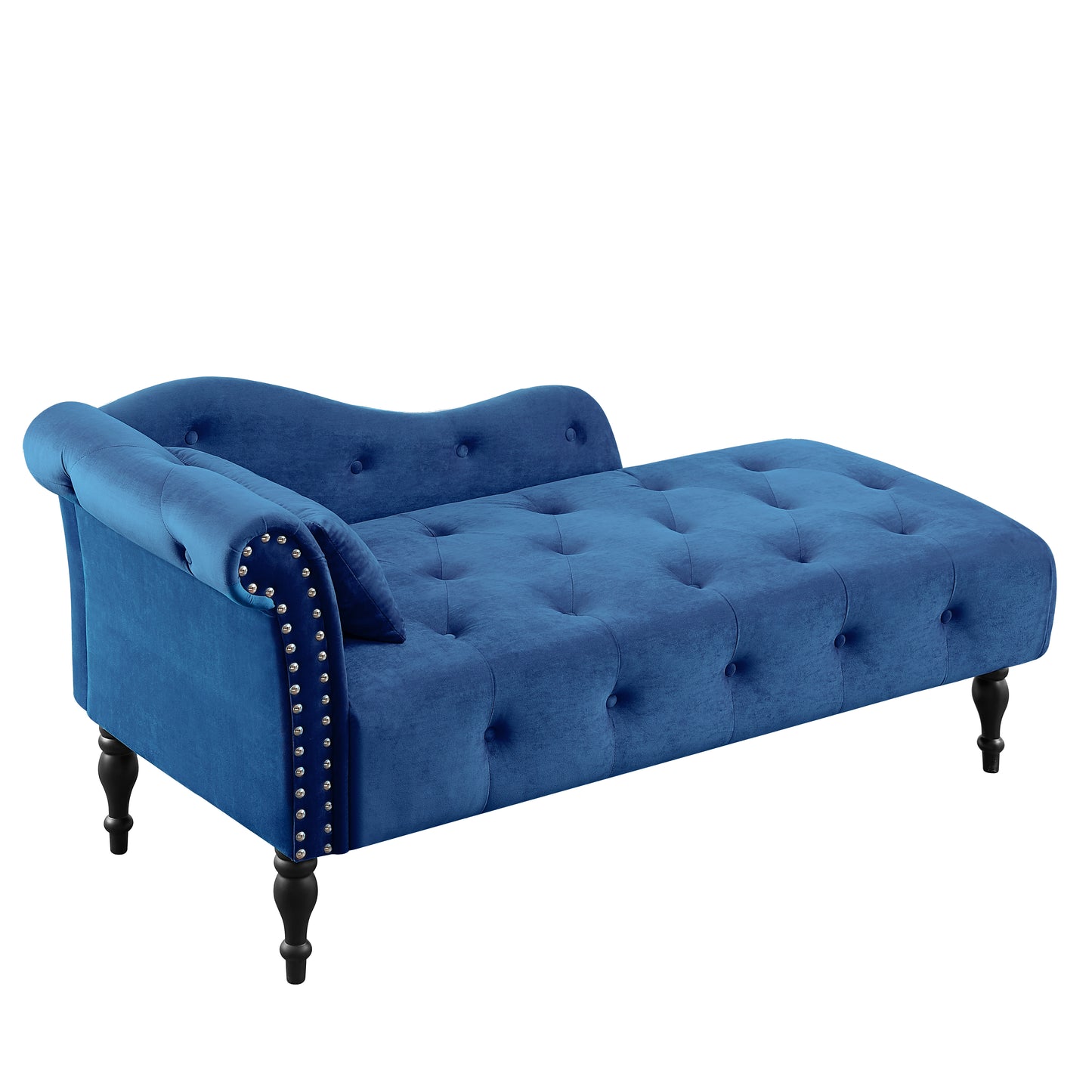 60.6" Velvet Chaise Lounge Buttons Tufted Nailhead Trimmed Solid Wood Legs with 1 Pillow,Blue (Left Arm Design as Shown in the Picture)