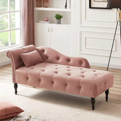 60.6" Velvet Chaise Lounge Buttons Tufted Nailhead Trimmed Solid Wood Legs with 1 Pillow,Rose (Left Arm Design as Shown in the Picture)