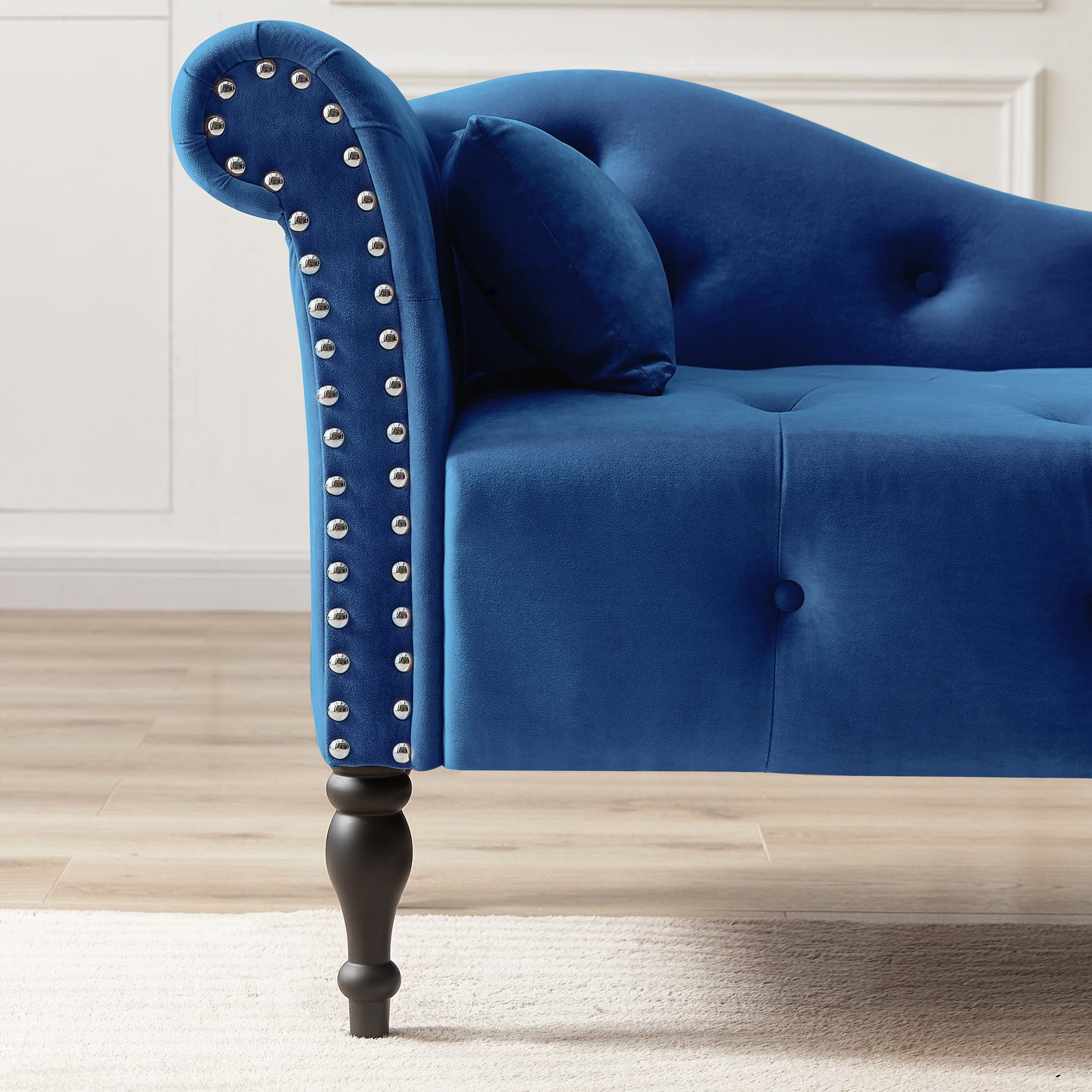 60.6" Velvet Chaise Lounge Buttons Tufted Nailhead Trimmed Solid Wood Legs with 1 Pillow,Blue (Left Arm Design as Shown in the Picture)