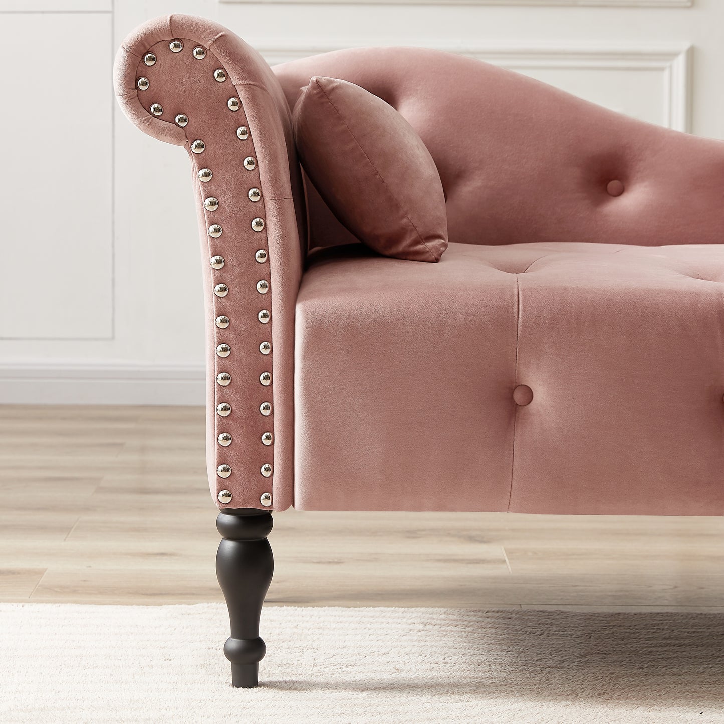 60.6" Velvet Chaise Lounge Buttons Tufted Nailhead Trimmed Solid Wood Legs with 1 Pillow,Rose (Left Arm Design as Shown in the Picture)