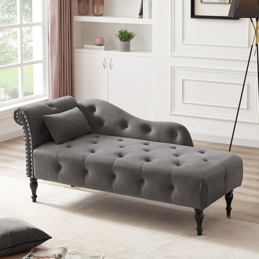 60.6" Velvet Chaise Lounge Buttons Tufted Nailhead Trimmed Solid Wood Legs with 1 Pillow,Grey (Left Arm Design as Shown in the Picture)