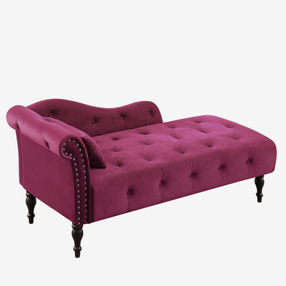 60.6" Velvet Chaise Lounge Buttons Tufted Nailhead Trimmed Solid Wood Legs with 1 Pillow,Burgundy (Left Arm Design as Shown in the Picture)