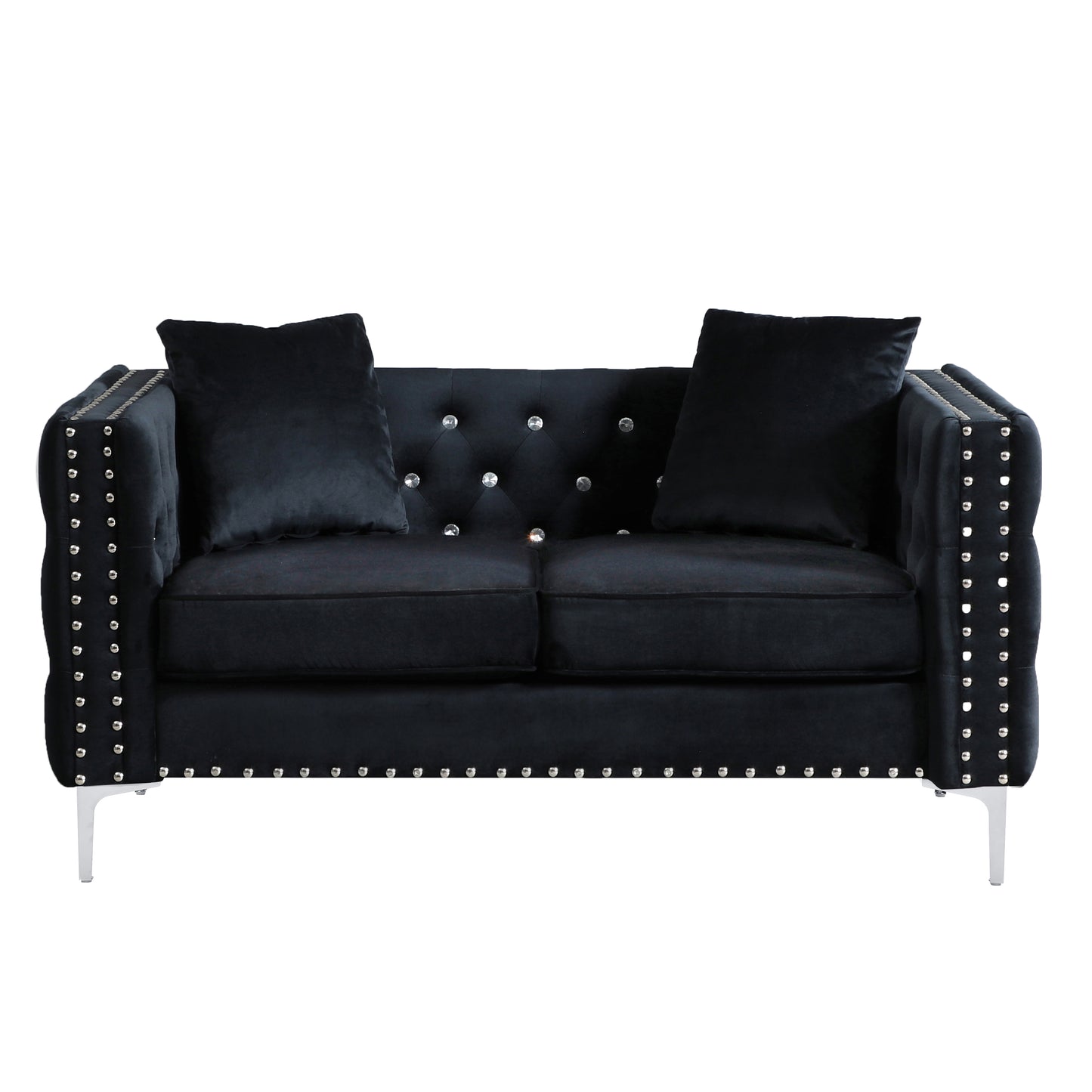 59.4 Inch Wide Black Velvet Sofa with Jeweled buttons,Square Arm,2 Pillows