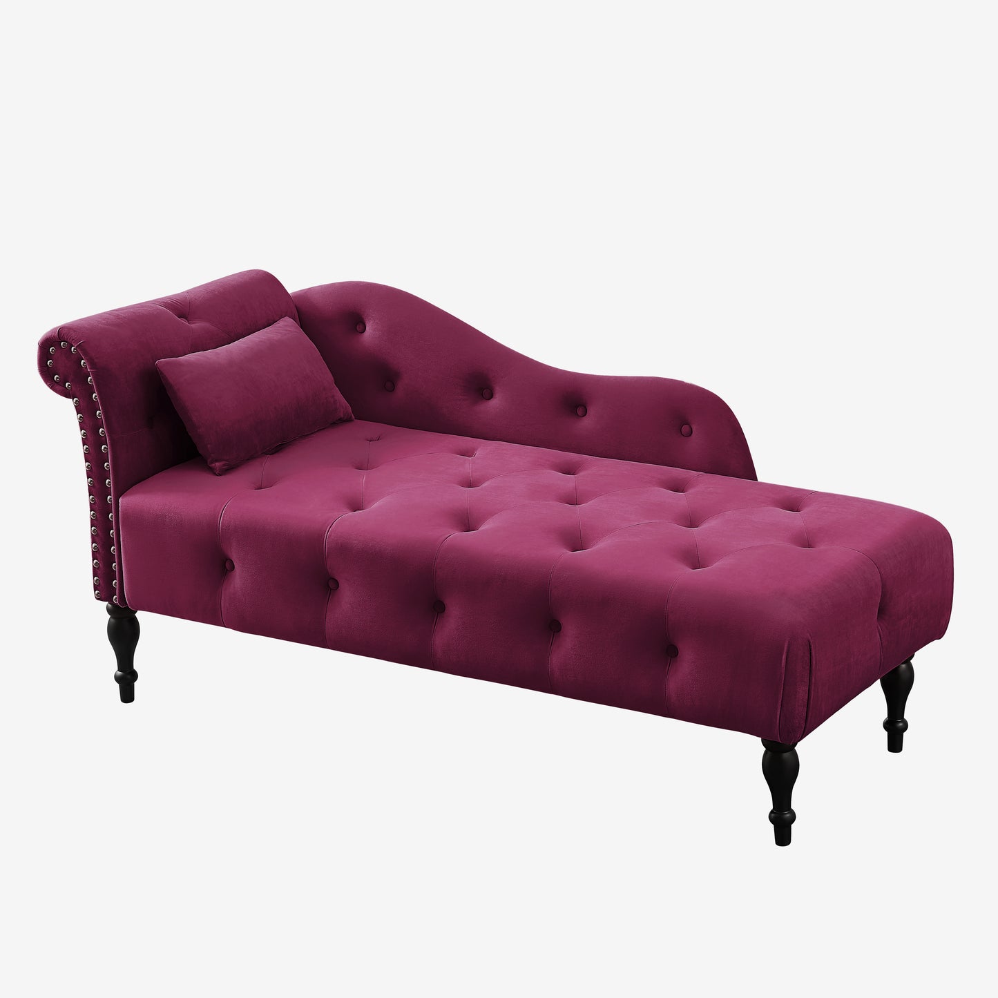 60.6" Velvet Chaise Lounge Buttons Tufted Nailhead Trimmed Solid Wood Legs with 1 Pillow,Burgundy (Left Arm Design as Shown in the Picture)