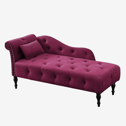 60.6" Velvet Chaise Lounge Buttons Tufted Nailhead Trimmed Solid Wood Legs with 1 Pillow,Burgundy (Left Arm Design as Shown in the Picture)