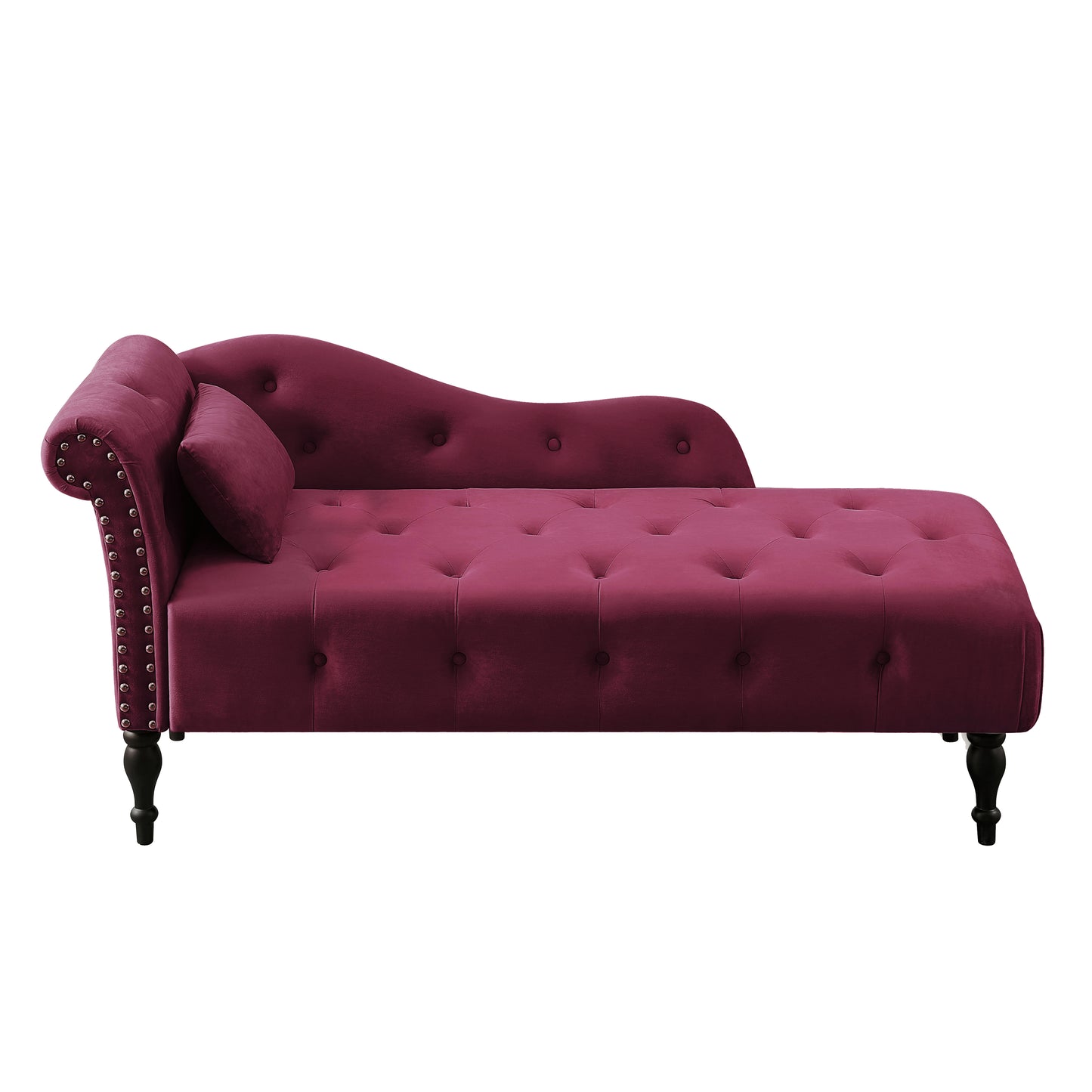 60.6" Velvet Chaise Lounge Buttons Tufted Nailhead Trimmed Solid Wood Legs with 1 Pillow,Burgundy (Left Arm Design as Shown in the Picture)