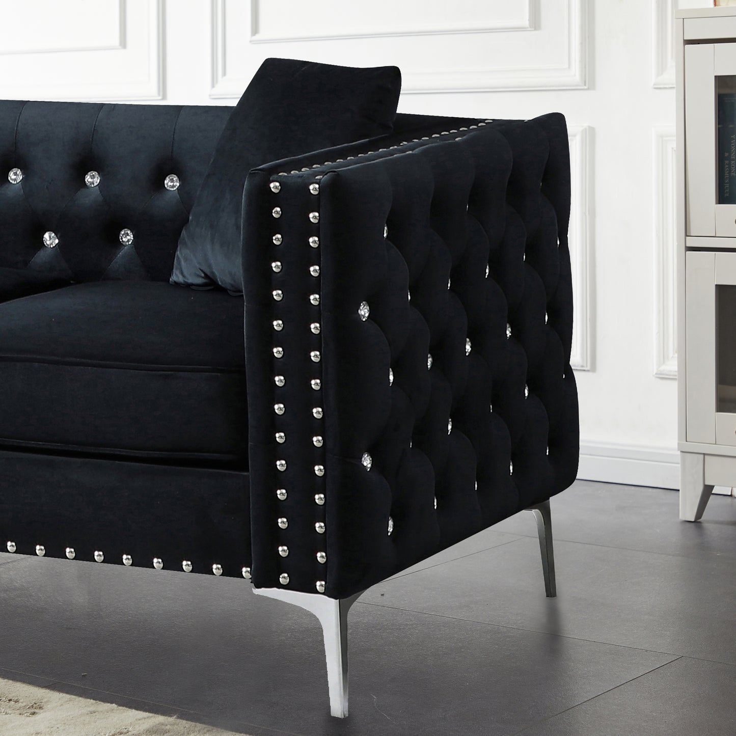 59.4 Inch Wide Black Velvet Sofa with Jeweled buttons,Square Arm,2 Pillows