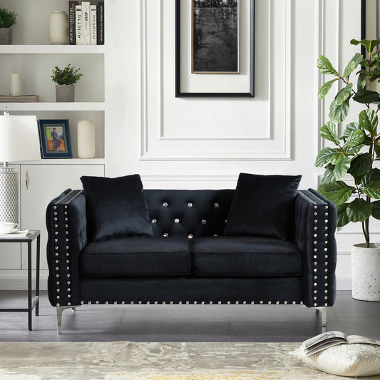 59.4 Inch Wide Black Velvet Sofa with Jeweled buttons,Square Arm,2 Pillows