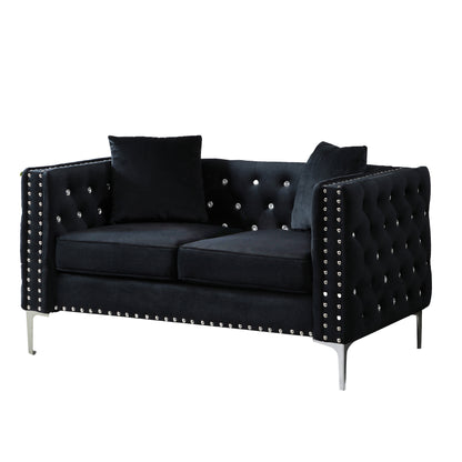 59.4 Inch Wide Black Velvet Sofa with Jeweled buttons,Square Arm,2 Pillows