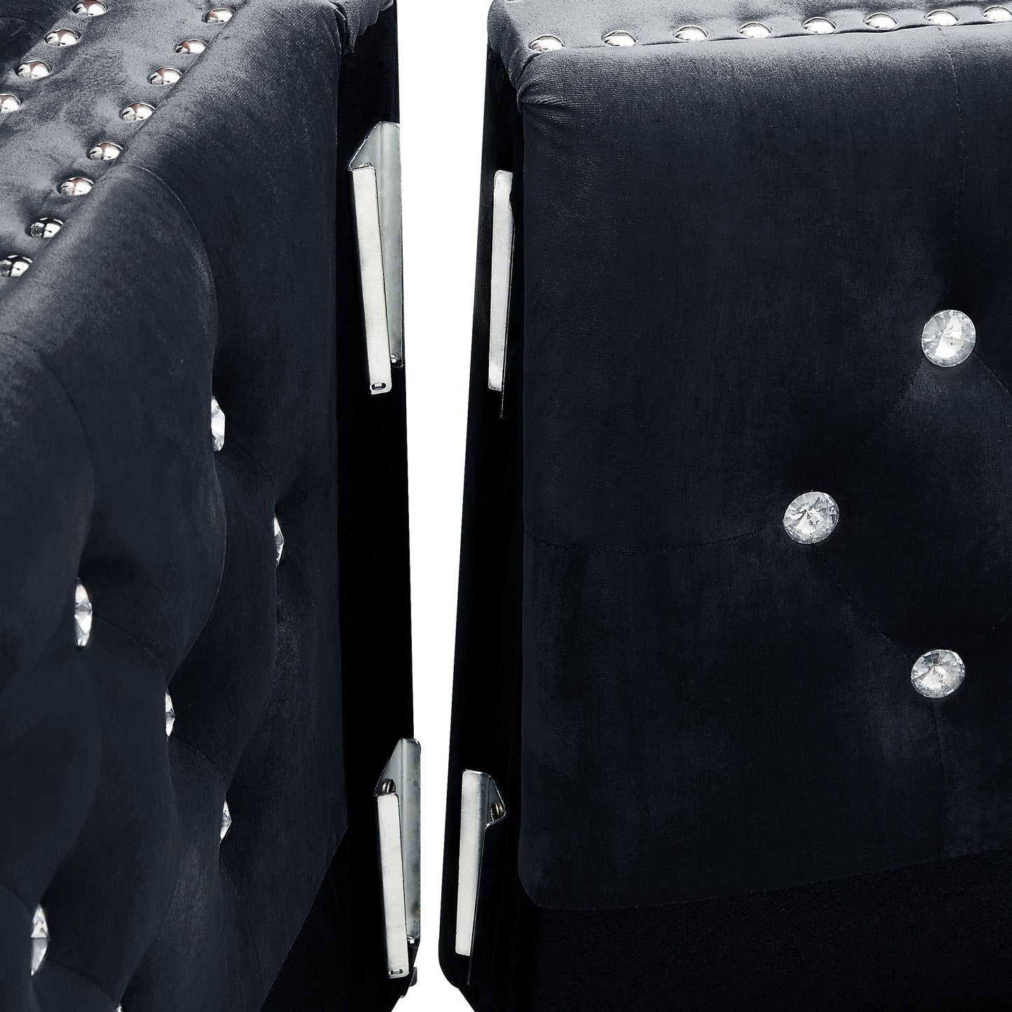 59.4 Inch Wide Black Velvet Sofa with Jeweled buttons,Square Arm,2 Pillows