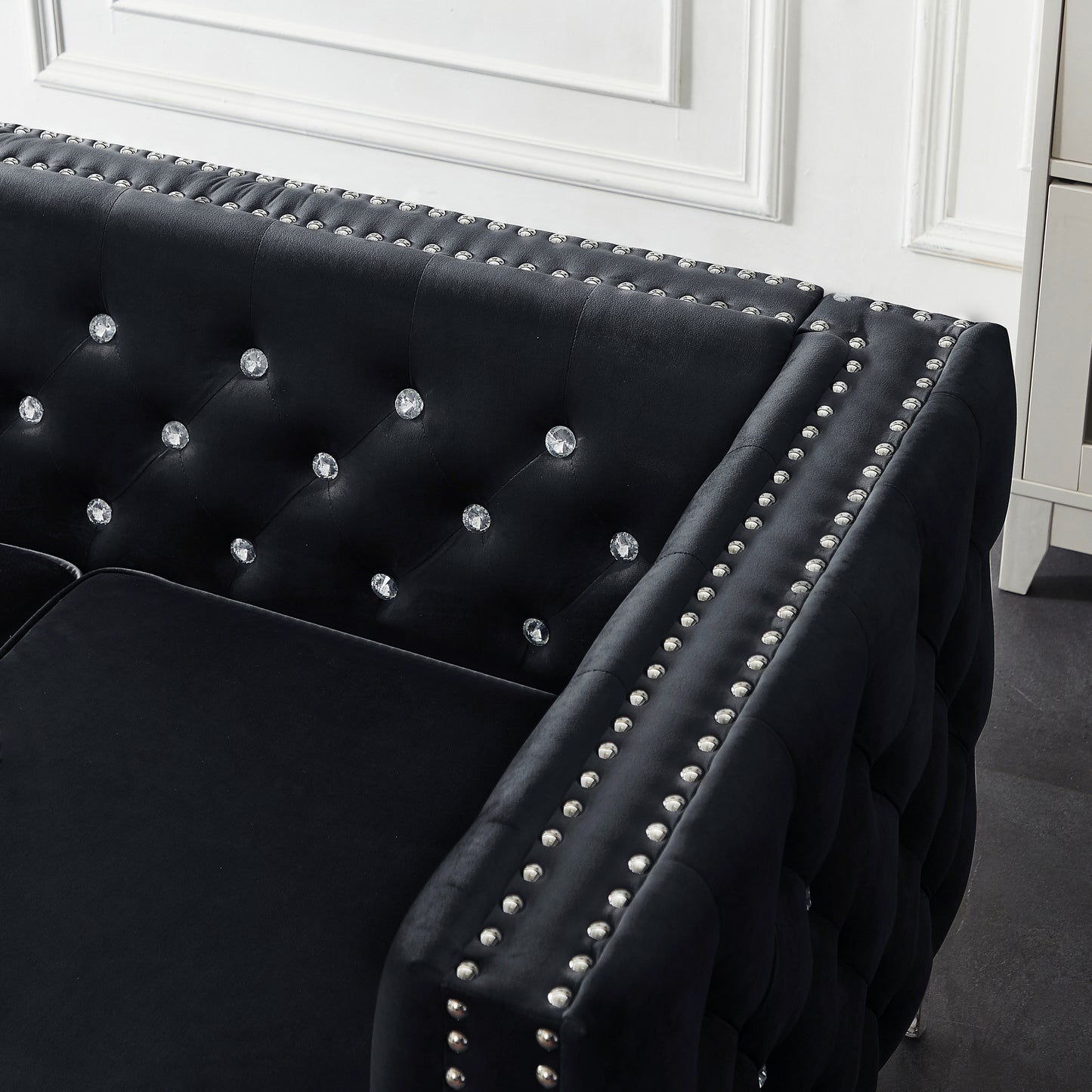 82.3" Width Modern Velvet Sofa Jeweled Buttons Tufted Square Arm Couch Black,2 Pillows Included