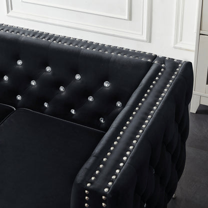 59.4 Inch Wide Black Velvet Sofa with Jeweled buttons,Square Arm,2 Pillows