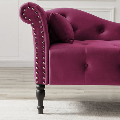 60.6" Velvet Chaise Lounge Buttons Tufted Nailhead Trimmed Solid Wood Legs with 1 Pillow,Burgundy (Left Arm Design as Shown in the Picture)