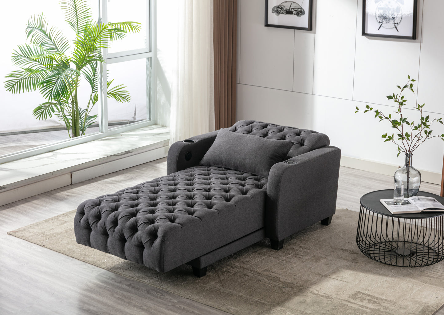 Multifunctional Living Room Leisure Chaise Lounge Barry Tufted Comfy Armchair Wireless Charging, Smooth Reclining Backrest & Lumbar Pillow for Home Apartment (Dark Grey linen)