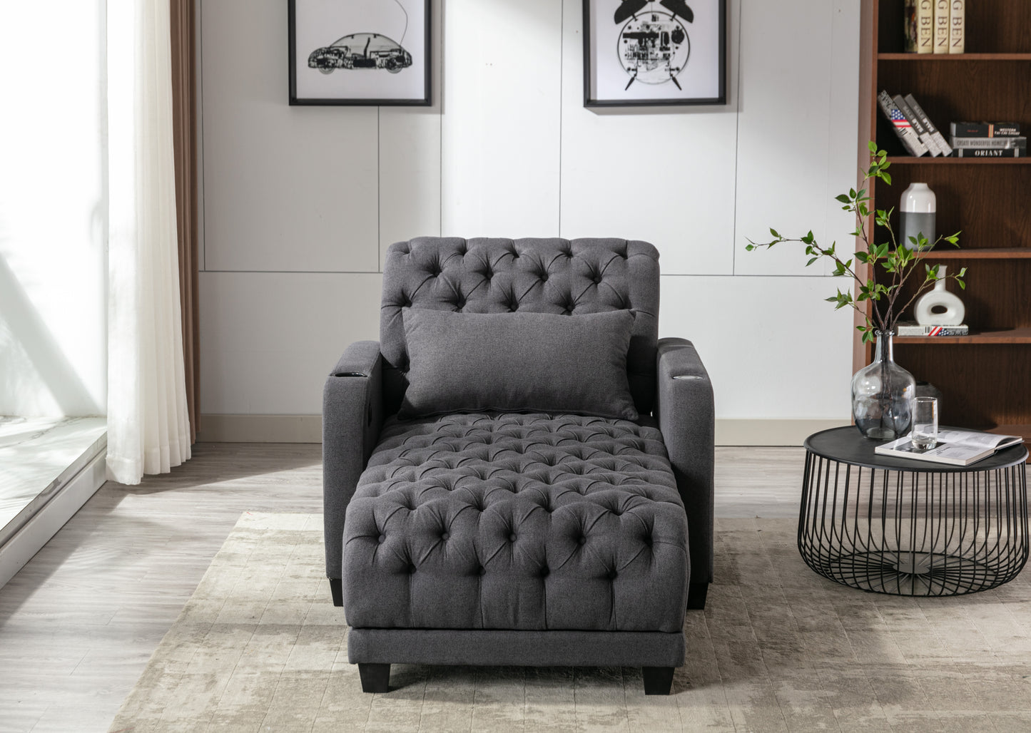 Multifunctional Living Room Leisure Chaise Lounge Barry Tufted Comfy Armchair Wireless Charging, Smooth Reclining Backrest & Lumbar Pillow for Home Apartment (Dark Grey linen)