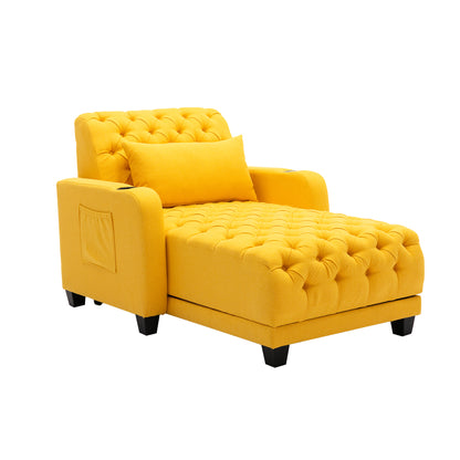 Multifunctional Living Room Leisure Chaise Lounge Barry Tufted Comfy Armchair Wireless Charging, Smooth Reclining Backrest & Lumbar Pillow for Home Apartment (Yellow linen)