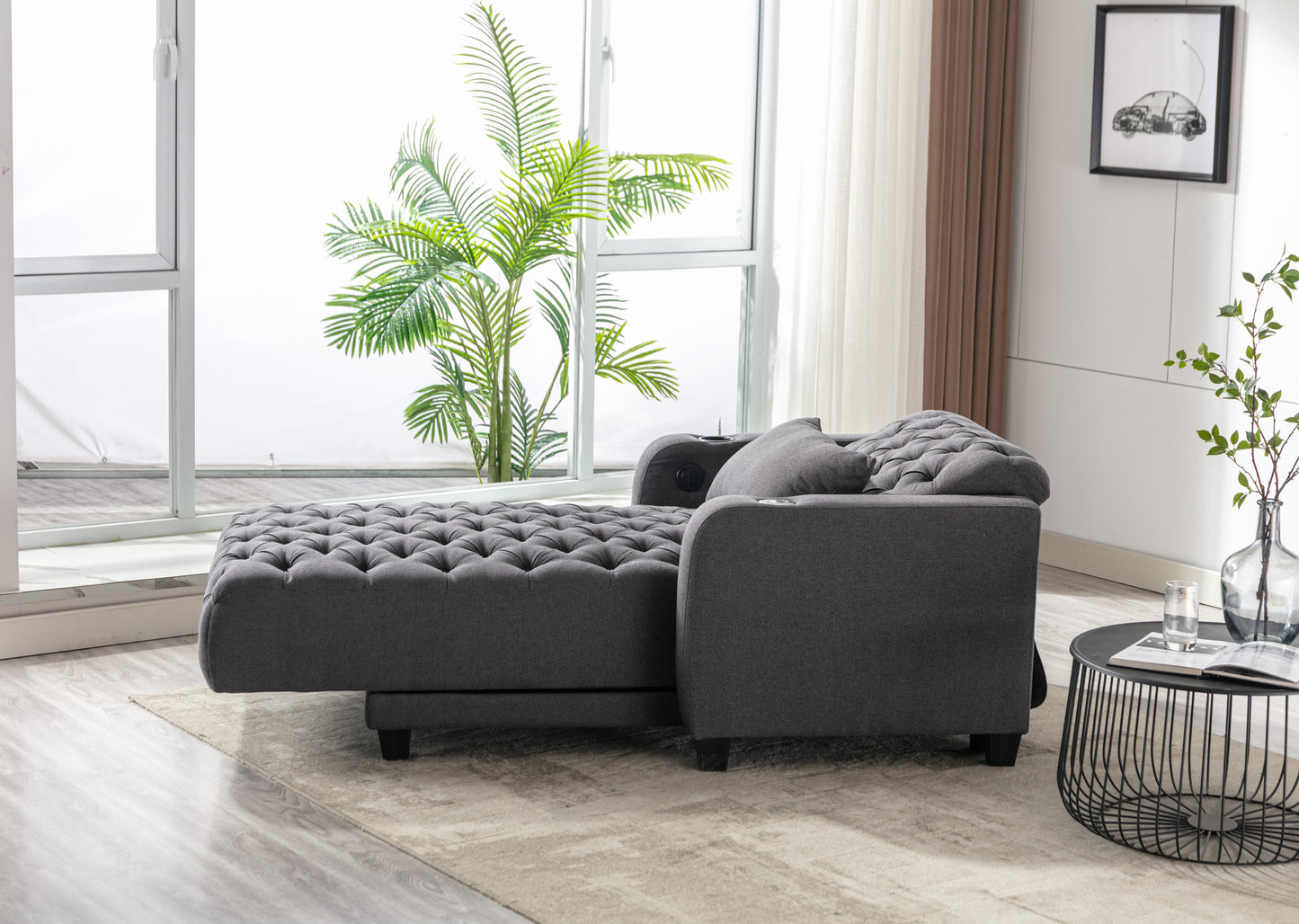 Multifunctional Living Room Leisure Chaise Lounge Barry Tufted Comfy Armchair Wireless Charging, Smooth Reclining Backrest & Lumbar Pillow for Home Apartment (Dark Grey linen)