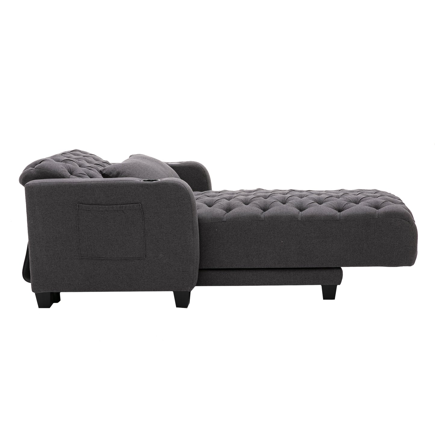 Multifunctional Living Room Leisure Chaise Lounge Barry Tufted Comfy Armchair Wireless Charging, Smooth Reclining Backrest & Lumbar Pillow for Home Apartment (Dark Grey linen)