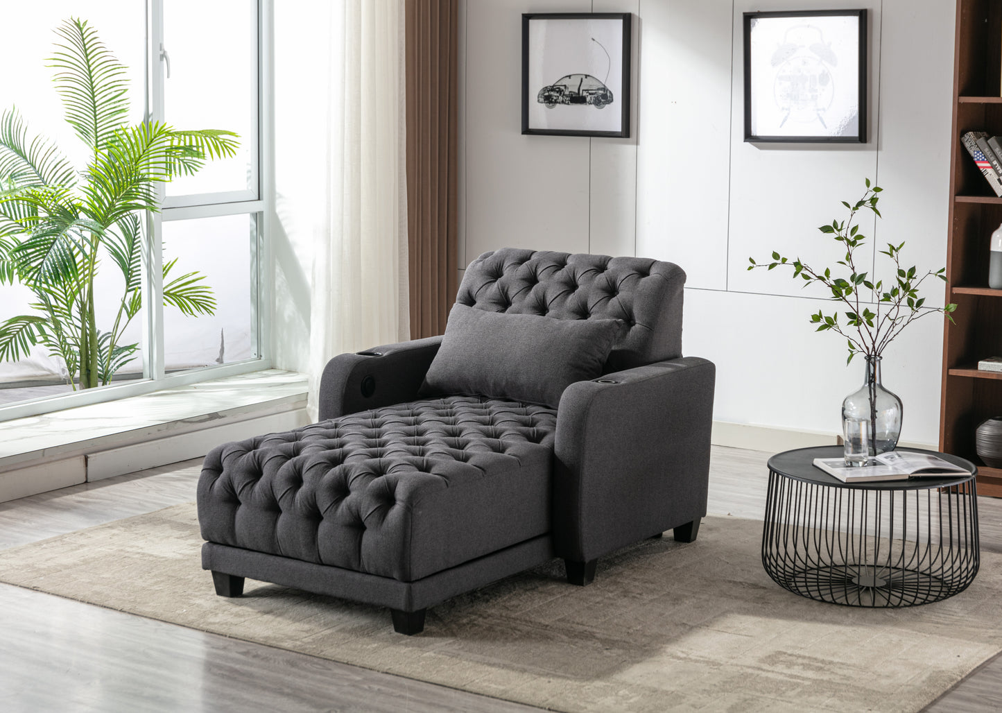 Multifunctional Living Room Leisure Chaise Lounge Barry Tufted Comfy Armchair Wireless Charging, Smooth Reclining Backrest & Lumbar Pillow for Home Apartment (Dark Grey linen)