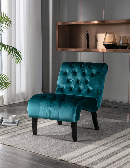 Modern Velvet Armless Accent Living Room Chair / Leisure Chair,Upholstered Fabric Button Comfortable Chair with Wooden Legs for Bedroom, Living Room, Office (Teal Velvet)