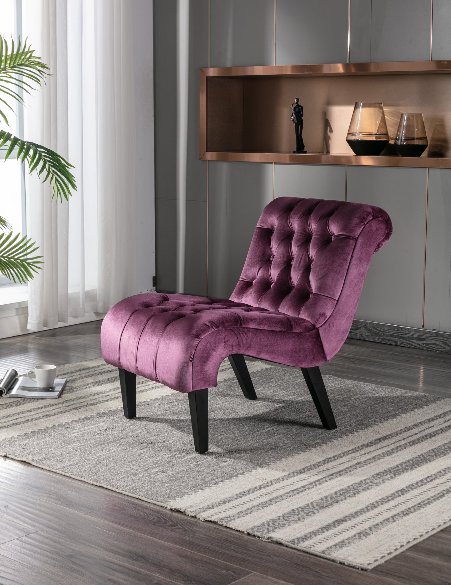 Modern Velvet Armless Accent Living Room Chair / Leisure Chair,Upholstered Fabric Button Comfortable Chair with Wooden Legs for Bedroom, Living Room, Office (Purple Velvet)