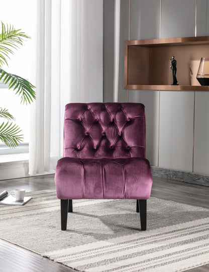 Modern Velvet Armless Accent Living Room Chair / Leisure Chair,Upholstered Fabric Button Comfortable Chair with Wooden Legs for Bedroom, Living Room, Office (Purple Velvet)