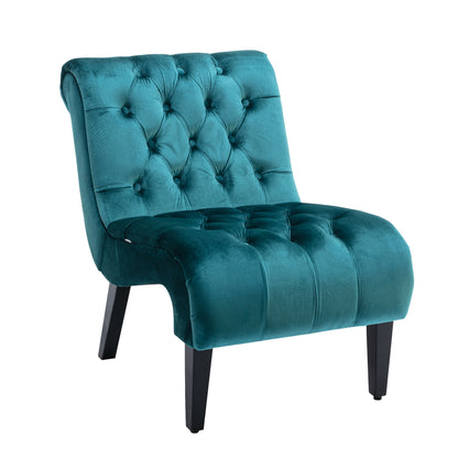 Modern Velvet Armless Accent Living Room Chair / Leisure Chair,Upholstered Fabric Button Comfortable Chair with Wooden Legs for Bedroom, Living Room, Office (Teal Velvet)