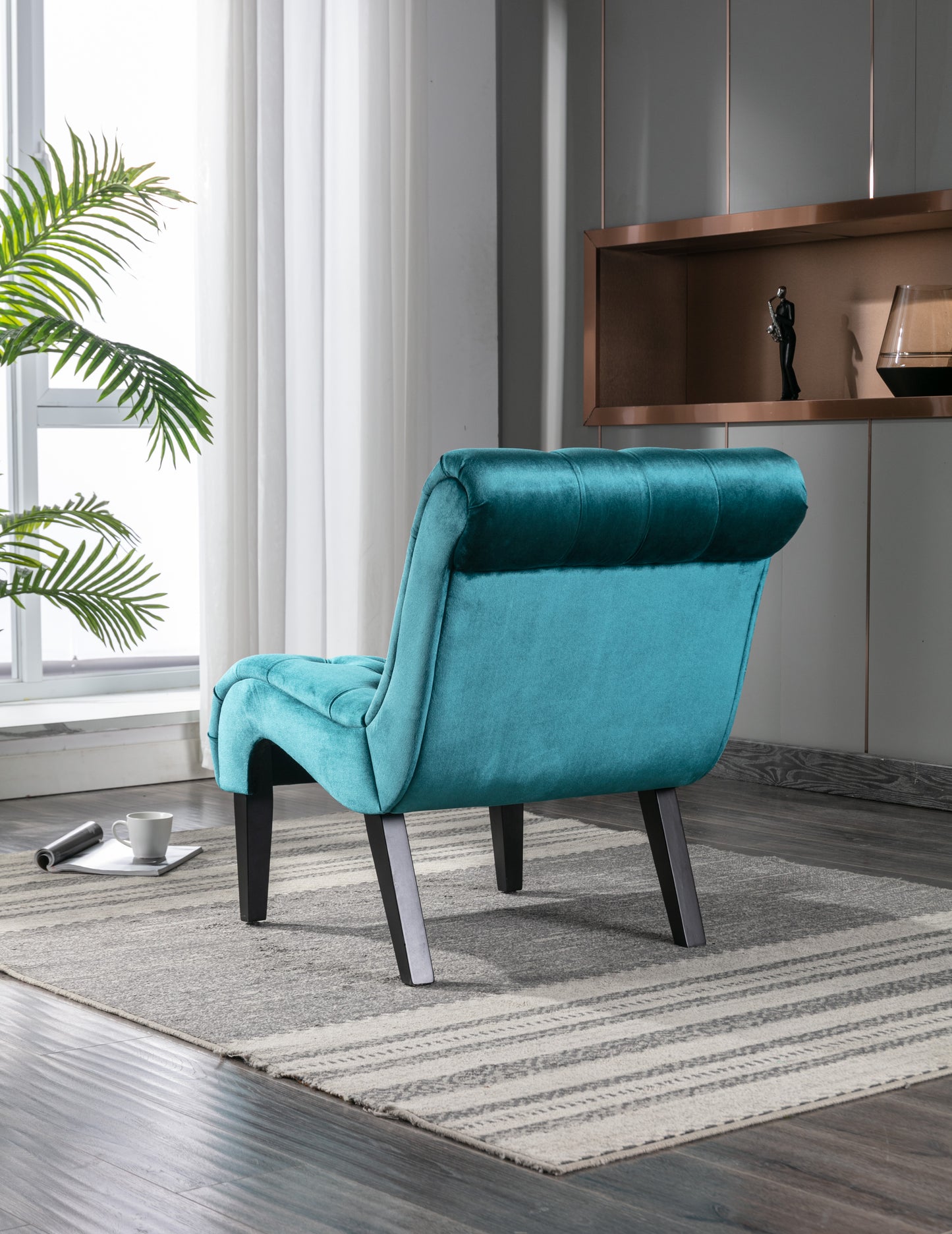 Modern Velvet Armless Accent Living Room Chair / Leisure Chair,Upholstered Fabric Button Comfortable Chair with Wooden Legs for Bedroom, Living Room, Office (Teal Velvet)