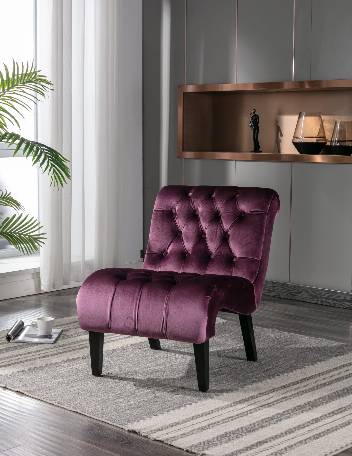 Modern Velvet Armless Accent Living Room Chair / Leisure Chair,Upholstered Fabric Button Comfortable Chair with Wooden Legs for Bedroom, Living Room, Office (Purple Velvet)