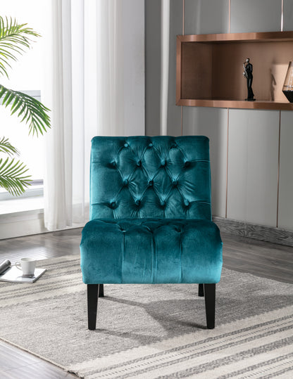 Modern Velvet Armless Accent Living Room Chair / Leisure Chair,Upholstered Fabric Button Comfortable Chair with Wooden Legs for Bedroom, Living Room, Office (Teal Velvet)