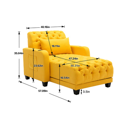 Multifunctional Living Room Leisure Chaise Lounge Barry Tufted Comfy Armchair Wireless Charging, Smooth Reclining Backrest & Lumbar Pillow for Home Apartment (Yellow linen)