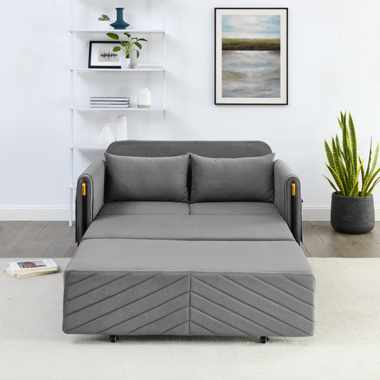 54" Modern Convertible Sofa Bed with 2 Detachable Arm Pockets, Velvet Loveseat Multi-position adjustable Sofa with Pull Out Bed with Bedhead, 2 Pillows and Living Room, Grey