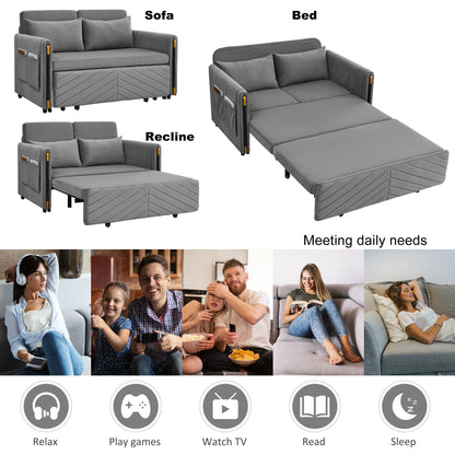 54" Modern Convertible Sofa Bed with 2 Detachable Arm Pockets, Velvet Loveseat Multi-position adjustable Sofa with Pull Out Bed with Bedhead, 2 Pillows and Living Room, Grey