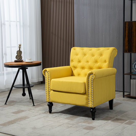 Mid-Century Modern Accent Chair, Linen Armchair w/Tufted Back/Wood Legs, Upholstered Lounge Arm Chair Single Sofa for Living Room Bedroom, YELLOW