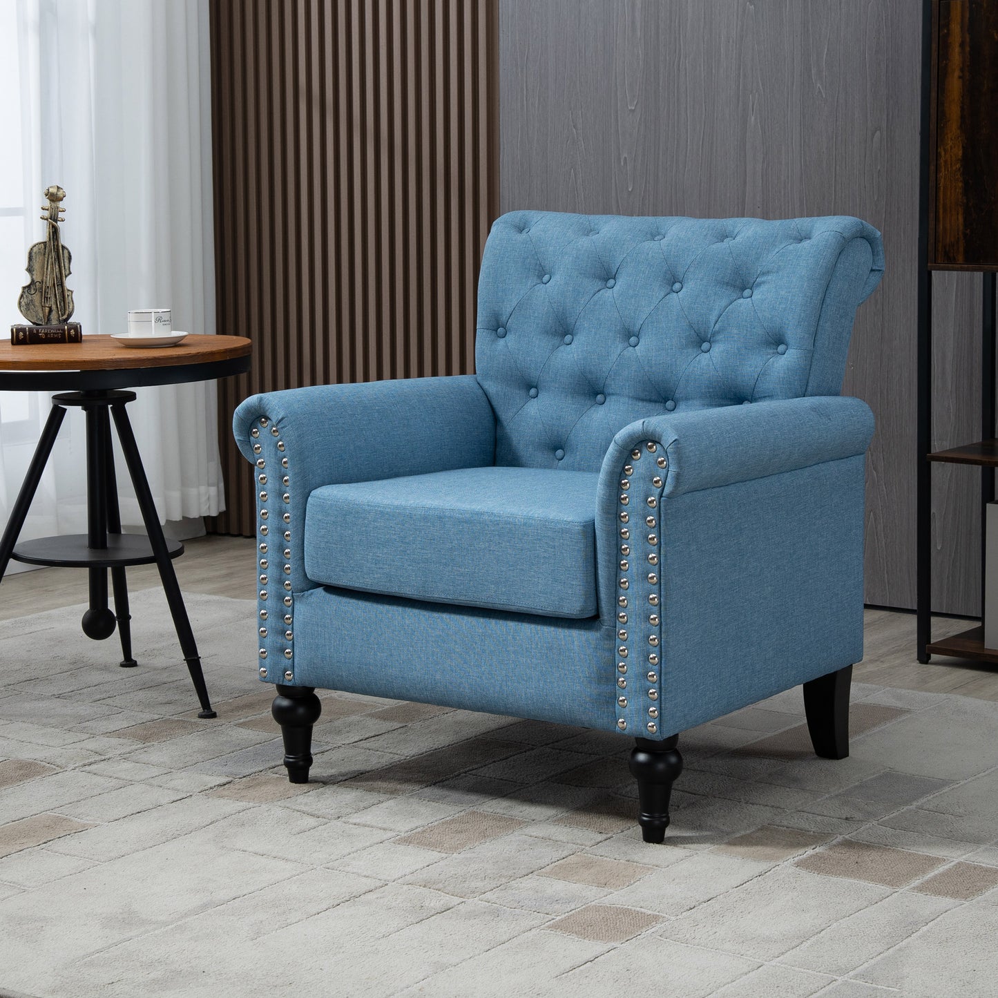 Mid-Century Modern Accent Chair, Linen Armchair w/Tufted Back/Wood Legs, Upholstered Lounge Arm Chair Single Sofa for Living Room Bedroom,Light Blue