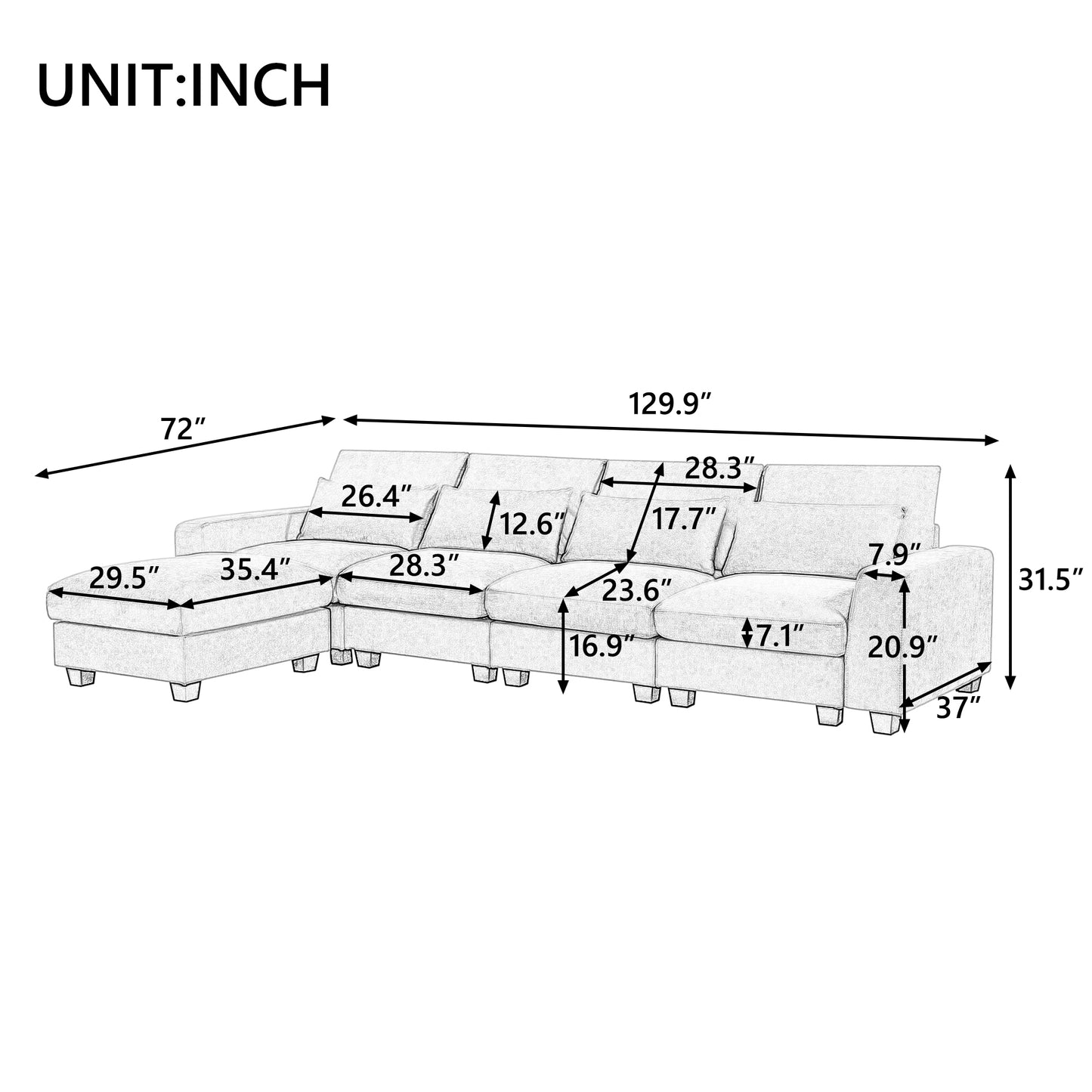 U_Style Modern Large L-Shape Feather Filled Sectional Sofa, Convertible Sofa Couch with Reversible Chaise for Living Room