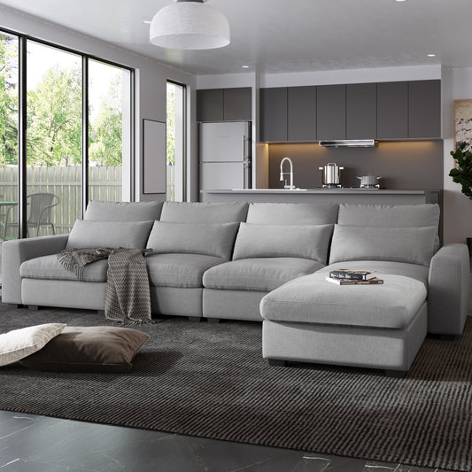 U_Style Modern Large L-Shape Feather Filled Sectional Sofa, Convertible Sofa Couch with Reversible Chaise for Living Room