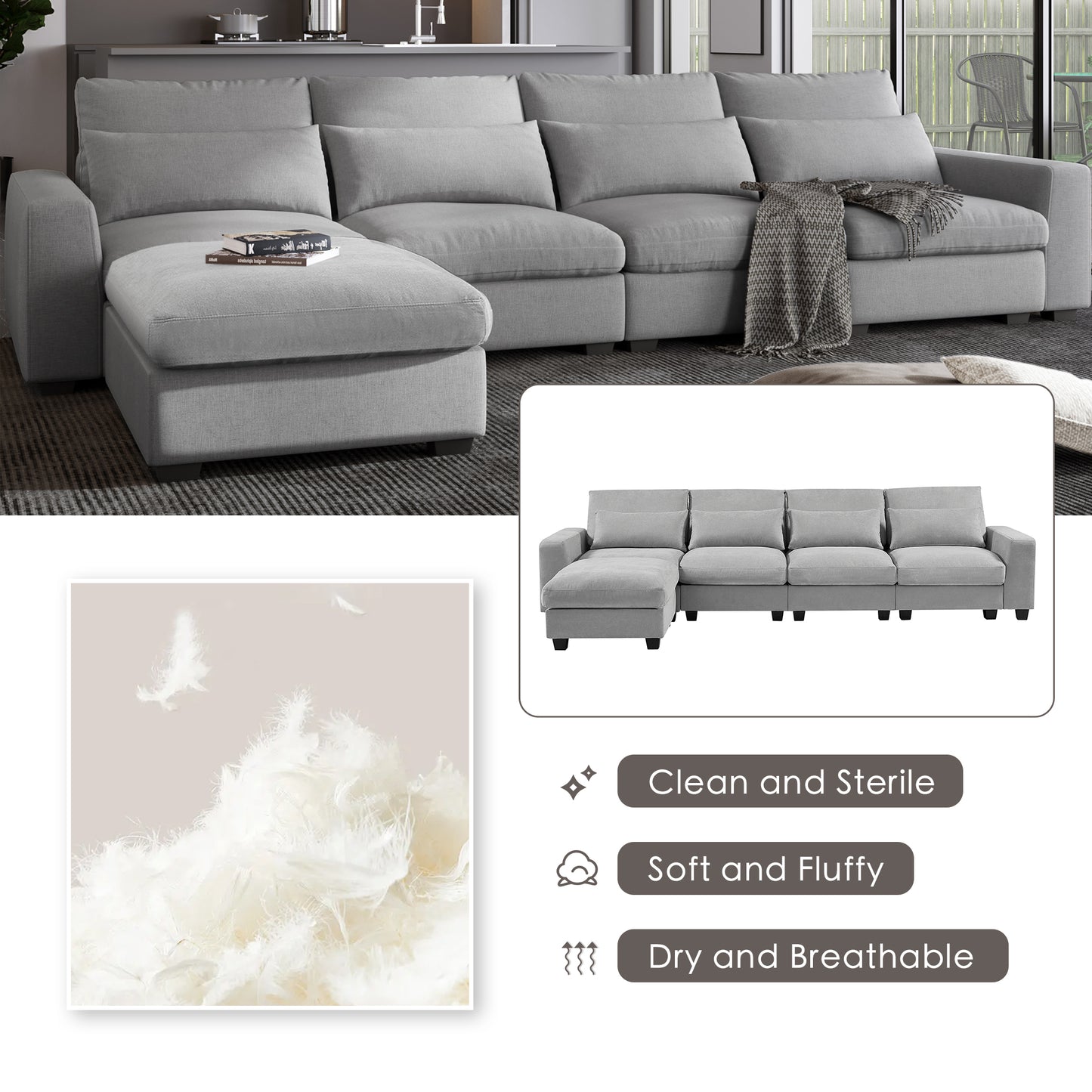 U_Style Modern Large L-Shape Feather Filled Sectional Sofa, Convertible Sofa Couch with Reversible Chaise for Living Room